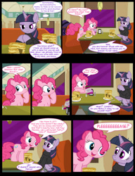 Size: 1042x1358 | Tagged: safe, artist:dendoctor, imported from derpibooru, mean twilight sparkle, pinkie pie, twilight sparkle, alicorn, earth pony, pony, comic:clone.., alternate universe, bandage, clone, clothes, comic, diner, female, food, fork, pancakes, pepper, pinkie clone, plate, salt, taffy, twilight sparkle (alicorn)