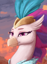 Size: 675x909 | Tagged: safe, artist:dukevonkessel, imported from derpibooru, queen novo, classical hippogriff, hippogriff, equestria at war mod, my little pony: the movie, bust, cloud, crown, feather, female, hair, jewelry, lidded eyes, monarch, pink eyes, portrait, regalia, royalty, sky, smiling, solo