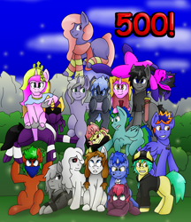 Size: 1280x1484 | Tagged: safe, artist:brushwork, imported from derpibooru, oc, oc:lucky spark, earth pony, pegasus, pony, unicorn, group photo, pyramid