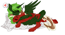 Size: 700x385 | Tagged: safe, artist:kamokpushok, imported from derpibooru, oc, oc only, oc:markerlight, oc:the emissary, pegasus, fallout equestria, fallout equestria: dead tree, cuddling, cute, eyepatch, female, green alicorn (fo:e), heart, male, mare, pillow, simple background, sleeping, stallion, transparent background