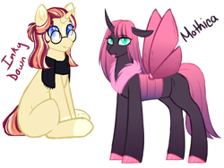 Size: 1600x1200 | Tagged: safe, artist:purplegrim40, imported from derpibooru, oc, oc only, changeling, changeling queen, pony, unicorn, changeling queen oc, clothes, glasses, horn, magical lesbian spawn, offspring, parent:moondancer, parent:queen chrysalis, parent:sunburst, pink changeling, scarf, simple background, smiling, unicorn oc, white background