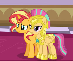 Size: 1024x853 | Tagged: safe, artist:emeraldblast63, artist:limedazzle, imported from derpibooru, sour sweet, sunset shimmer, pony, comic:the tale of two sunsets, equestria girls, equestria girls ponified, female, guardsmare, mare, ponified, royal guard