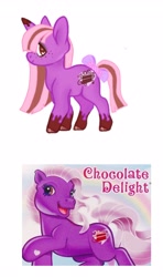 Size: 2053x3464 | Tagged: safe, artist:adopdee, artist:vernorexia, imported from derpibooru, chocolate delight (g3), pony, unicorn, alternate design, bow, brown eyes, brown mane, candy, chocolate, colored hooves, eyeshadow, food, freckles, g3, generation leap, makeup, markings, multicolored mane, pink mane, purple coat, redesign, solo, species swap, straight mane, tail, tail bow