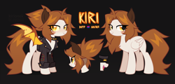 Size: 3656x1752 | Tagged: safe, artist:kirionek, imported from derpibooru, oc, oc:kiri, pegasus, pony, bat wings, choker, clothes, fangs, jacket, leather jacket, ponytail, reference sheet, solo, teeth, undercut, wings