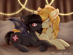 Size: 4900x3700 | Tagged: safe, artist:rainbow brush, imported from derpibooru, oc, oc:blood bank, oc:golden delicious, bat pony, earth pony, cowboy hat, cute, female, hat, lesbian, medic, snuggling, streets of chicolt: a totally legitimate business venture