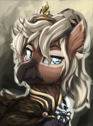 Size: 1560x2100 | Tagged: safe, artist:tekggd, imported from derpibooru, oc, oc only, griffon, equestria at war mod, beak, blue eyes, bust, clothes, crown, female, folded wings, griffon oc, hair, jewelry, military, military uniform, monarch, ponytail, portrait, regalia, royalty, simple background, uniform, wings