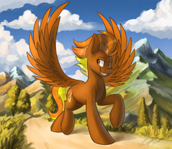 Size: 2896x2516 | Tagged: safe, artist:kaylerustone, imported from derpibooru, oc, oc only, oc:windflyer, pegasus, pony, cloud, hooves up, looking back, male, mountain, outdoors, scenery, smiling, solo, spread wings, stallion, wings