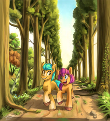 Size: 2828x3097 | Tagged: safe, artist:kaylerustone, imported from derpibooru, hitch trailblazer, sunny starscout, earth pony, pony, duo, female, g5, looking at each other, looking at someone, male, mare, open mouth, outdoors, rock, scenery, smiling, stallion, sunset, tree, walking