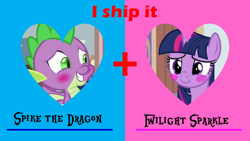 Size: 1192x670 | Tagged: safe, artist:pagiepoppie12345, imported from derpibooru, spike, twilight sparkle, alicorn, dragon, pony, blushing, female, heart, horn, male, mare, shipping, smiling, straight, text, twilight sparkle (alicorn), twispike, winged spike, wings