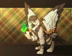 Size: 2500x1950 | Tagged: safe, artist:lazymishel, imported from derpibooru, oc, oc:edina, griffon, beak, clothes, flat cap, griffon magic, hat, magefire, magic, playing card, shaman, shirt, simple background, solo, spread wings, streets of chicolt: a totally legitimate business venture, talonless gryphon, vest, wings