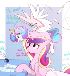 Size: 3339x3614 | Tagged: safe, artist:renderpoint, imported from derpibooru, princess cadance, princess flurry heart, alicorn, pony, canterlot wedding 10th anniversary, chest fluff, colored wings, crown, cute, cutedance, dialogue, duo, duo female, eye clipping through hair, eyebrows, eyebrows visible through hair, feather, female, filly, flurry heart riding cadance, flurrybetes, foal, folded wings, frown, high res, ink, inkwell, jewelry, looking at someone, mare, mother and child, mother and daughter, obscured text, older, older flurry heart, on head, onomatopoeia, open mouth, open smile, paperwork, parent and child, pomf, ponies riding ponies, pony hat, quill, regalia, riding, smiling, spread wings, two toned wings, wingboner, wings