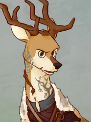 Size: 520x700 | Tagged: safe, artist:bunnyshrubby, imported from derpibooru, oc, oc only, deer, equestria at war mod, antlers, braid, bust, clothes, deer oc, hair, male, portrait, scar, tattoo, viking