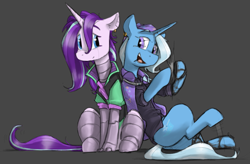 Size: 1763x1155 | Tagged: safe, artist:sinrar, imported from derpibooru, starlight glimmer, trixie, cyborg, pony, unicorn, cape, clapping, clothes, cyberpunk, duo, duo female, female, horn, looking at each other, looking at someone, mare, sitting, smiling, tail, trixie's cape