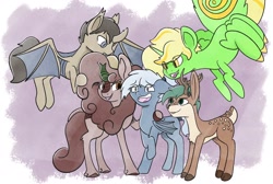 Size: 2048x1380 | Tagged: safe, artist:wax feather, imported from derpibooru, oc, oc:cutpurse, oc:evergreen, oc:pepper, oc:rune chisel, unnamed oc, bat pony, changeling, deer, deer pony, kirin, monster pony, original species, spiderpony, bat pony oc, changeling oc, deer oc, female, imminent vore, kirin oc, male