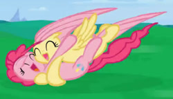 Size: 508x291 | Tagged: safe, artist:misterdavey, imported from derpibooru, screencap, fluttershy, pinkie pie, earth pony, pegasus, pony, smile hd, ^^, cropped, cute, diapinkes, duo, eyes closed, female, floppy ears, freeze frame bonus, glomp, hug, mare, old art, open mouth, out of context, shyabetes, smiling, wings, youtube link