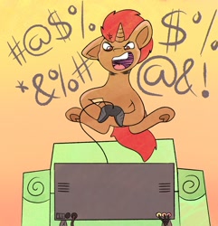 Size: 1972x2048 | Tagged: safe, artist:wax feather, imported from derpibooru, oc, oc:pixel grip, pony, unicorn, angry, censored vulgarity, controller, gaming, grawlixes, horn, implied elden ring, jumping, male, rage, television, unicorn oc