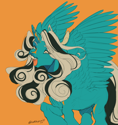 Size: 3388x3610 | Tagged: safe, artist:birdbiscuits, imported from derpibooru, oc, alicorn, pony, female, mare, orange background, simple background, solo