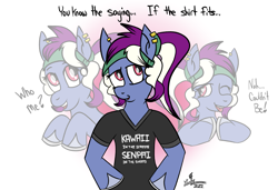 Size: 1731x1182 | Tagged: safe, artist:whirlwindflux, imported from derpibooru, oc, oc:single slice, earth pony, pony, clothes, female, innuendo, mare, one eye closed, shirt, tongue out, wink