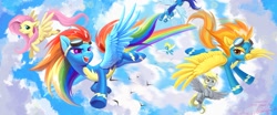 Size: 2048x853 | Tagged: safe, artist:paipaishuaige, imported from derpibooru, derpy hooves, fluttershy, rainbow dash, soarin', spitfire, surprise, bird, pegasus, pony, clothes, cloud, female, flying, goggles, mare, rainbow trail, signature, sky, smiling, uniform, wings, wonderbolts, wonderbolts uniform