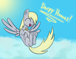 Size: 1820x1422 | Tagged: safe, artist:librarylonging, imported from derpibooru, derpy hooves, pegasus, pony, cloud, flying, food, happy, holding, muffin, solo, sun, text