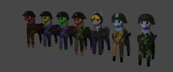 Size: 1050x443 | Tagged: safe, artist:markerlight, imported from derpibooru, oc, oc:wandering sunrise, bat pony, earth pony, equestria at war mod, 3d, assault rifle, belt, boots, camouflage, clothes, gun, hearts of iron 4, helmet, leather straps, line-up, medallion, model, red typhoon, rifle, shadowbolts, shoes, soldier, stalliongrad, uniform, weapon