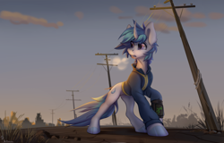 Size: 4600x2953 | Tagged: safe, artist:mithriss, imported from derpibooru, oc, oc only, pony, unicorn, fallout equestria, clothes, curved horn, horn, jumpsuit, pipbuck, power line, road, solo, vault suit