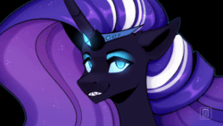 Size: 600x338 | Tagged: safe, artist:buvanybu, imported from derpibooru, nightmare rarity, rarity, pony, unicorn, animated, biting, dark background, female, gif, glowing, glowing eyes, grin, horn, jewelry, mare, sharp teeth, smiling, solo, teeth, tiara, youtube link, youtube link in the description