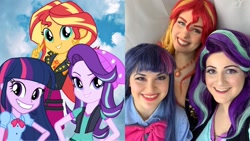 Size: 2289x1288 | Tagged: safe, artist:maddymoiselle, artist:sarahndipity cosplay, artist:shelbeanie, imported from derpibooru, starlight glimmer, sunset shimmer, twilight sparkle, human, equestria girls, equestria girls series, mirror magic, spoiler:eqg specials, clothes, cosplay, costume, everfree northwest 2019, magical trio