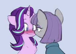 Size: 1280x913 | Tagged: safe, artist:chub-wub, imported from derpibooru, maud pie, starlight glimmer, earth pony, pony, unicorn, blushing, duo, duo female, female, lesbian, looking at each other, looking at someone, shipping, simple background, starmaud