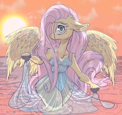 Size: 1440x1363 | Tagged: safe, artist:grimalfawn, artist:olivetwizzler, imported from derpibooru, fluttershy, anthro, pegasus, arm fluff, clothes, colored eyelashes, female, floppy ears, hip fluff, partially open wings, shoulder fluff, solo, wading, water, wings