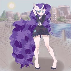 Size: 1600x1600 | Tagged: safe, artist:grimalfawn, artist:olivetwizzler, imported from derpibooru, rarity, anthro, unguligrade anthro, unicorn, arm behind head, boat, breasts, choker, city, cleavage, clothes, cutie mark, cutie mark on clothes, detailed background, ear piercing, earring, female, jewelry, lidded eyes, long hair, long tail, piercing, solo, sun, tail, water, wide hips