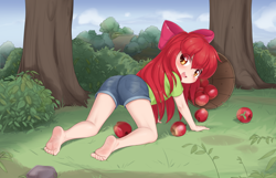 Size: 2158x1386 | Tagged: safe, artist:pestil, edit, imported from ponybooru, apple bloom, human, adorabloom, all fours, apple, barefoot, basket, blushing, clothes, cute, feet, female, food, humanized, lolicon, looking back, outdoors, solo, underage