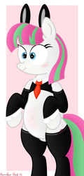 Size: 1943x4032 | Tagged: safe, artist:rainbowšpekgs, imported from derpibooru, blossomforth, pegasus, pony, adoraforth, adorasexy, belly, belly button, bipedal, blushing, bunny ears, bunny suit, chubby, clothes, cute, embarrassed, female, mare, reverse bunny suit, scrunchy face, sexy, simple background, socks, solo, solo female, standing