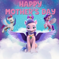 Size: 1080x1080 | Tagged: safe, imported from derpibooru, pipp petals, queen haven, zipp storm, pegasus, pony, female, g5, mare, mother's day, my little pony: a new generation, official, open mouth, open smile, smiling, spread wings, text, trio, wings