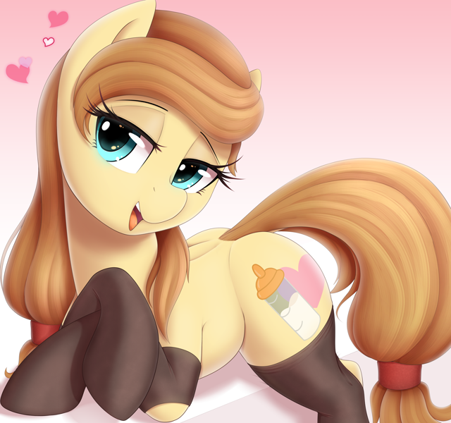 Size: 3200x3000 | Tagged: safe, alternate version, artist:thebatfang, oc, oc:cream heart, earth pony, clothes, featured image, female, gradient background, hairband, hockless socks, laying on stomach, looking at you, mare, milf, open mouth, simple background, socks, solo