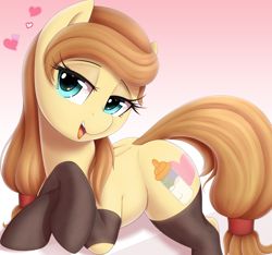 Size: 3200x3000 | Tagged: safe, alternate version, artist:thebatfang, imported from derpibooru, oc, oc:cream heart, earth pony, pony, bedroom eyes, clothes, explicit source, featured image, female, gradient background, hairband, heart, hockless socks, laying on stomach, looking at you, mare, milf, open mouth, simple background, socks, solo, solo female, thigh highs