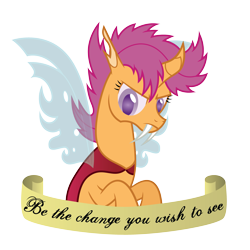 Size: 3001x3000 | Tagged: safe, artist:tolerance, imported from derpibooru, imported from ponybooru, scootaloo, changeling, changelingified, scootaling, simple background, solo, species swap, text, transparent background