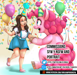 Size: 1500x1468 | Tagged: safe, artist:torule34, imported from derpibooru, pinkie pie, earth pony, human, pony, balloon, bipedal, child, clothes, confetti, dress, female, hat, holding hooves, human on pony hoof holding, mare, open mouth, open smile, party hat, shirt, shoes, smiling