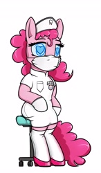 Size: 2389x4096 | Tagged: safe, artist:dacaoo, imported from derpibooru, pinkie pie, earth pony, pony, alternate universe, brainwashed, brainwashing, chair, clothes, commission, cutie mark on clothes, dentist, dentist fetish, doctor, dress, earring, gloves, hat, heart eyes, heels on a horse, high heels, hypnosis, hypnotized, jewelry, latex, latex clothes, latex dress, latex gloves, latex socks, latex stockings, leaning, makeup, mask, name tag, nurse hat, piercing, shoes, simple background, sitting, socks, solo, standing on two hooves, stockings, stool, surgical mask, swirly eyes, thigh highs, tooth, uniform, white background, wingding eyes