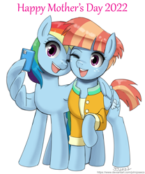 Size: 1000x1200 | Tagged: safe, artist:johnjoseco, imported from derpibooru, rainbow dash, windy whistles, pegasus, pony, cellphone, clothes, duo, duo female, female, freckles, happy, hug, mare, mother and child, mother and daughter, mother's day, one eye closed, open mouth, open smile, phone, raised hoof, selfie, signature, simple background, smartphone, smiling, white background, wing hands, winghug, wings