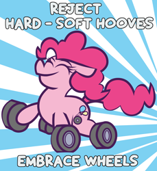 Size: 4216x4608 | Tagged: safe, artist:threetwotwo32232, imported from derpibooru, pinkie pie, earth pony, original species, wheelpone, eyes closed, female, happy, hooves debate, mare, smiling, solo, wheel