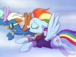 Size: 1024x768 | Tagged: safe, artist:golden bloom, imported from derpibooru, rainbow dash, storm chaser, updraft, pegasus, pony, the last problem, backwards cutie mark, clothes, female, flying, mare, offscreen character, older, older rainbow dash, uniform, wonderbolts, wonderbolts uniform