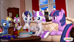 Size: 3840x2160 | Tagged: safe, artist:seriff-pilcrow, imported from derpibooru, night light, shining armor, spike, twilight sparkle, twilight velvet, alicorn, dragon, pony, unicorn, series:daring did tales of an adventurer's companion, 3d, birthday, cake, couch, female, food, male, mother's day, present, scar, smiling, soda, source filmmaker, sparkle family, spike's family, ticket, twilight sparkle (alicorn)