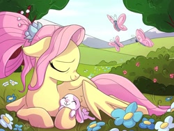 Size: 1024x768 | Tagged: safe, artist:golden bloom, imported from derpibooru, angel bunny, fluttershy, butterfly, pegasus, pony, rabbit, angelbetes, animal, cute, female, fluttermom, older, older fluttershy, shyabetes