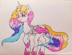 Size: 1280x978 | Tagged: safe, artist:arroblance, imported from derpibooru, oc, oc only, oc:rainbowwing, alicorn, pony, alicorn oc, female, folded wings, hoof shoes, horn, looking at you, multicolored hair, multicolored mane, multicolored tail, raised hoof, simple background, solo, tail, traditional art, white background, wings