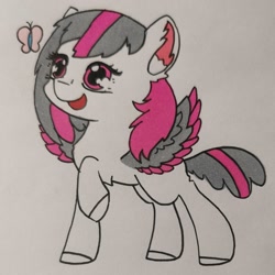 Size: 1280x1280 | Tagged: safe, artist:rainbowwing, imported from derpibooru, oc, oc only, oc:filly rainbowwing, butterfly, pegasus, pony, ear fluff, female, filly, foal, open mouth, pegasus oc, raised hoof, solo, spread wings, traditional art, wings, younger