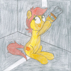 Size: 1024x1024 | Tagged: safe, artist:minux86, imported from derpibooru, oc, oc only, oc:canni soda, earth pony, pony, 2016, belly, chugging, drinking, earth pony oc, fanta, freckles, lighting, looking up, shadow, traditional art