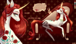 Size: 1920x1114 | Tagged: safe, artist:pessadie, imported from derpibooru, oc, oc only, pony, unicorn, bedroom eyes, couch, draw me like one of your french girls, duo, flower, glowing, glowing horn, grin, horn, magic, reference sheet, rose, smiling, tattoo, telekinesis, unicorn oc