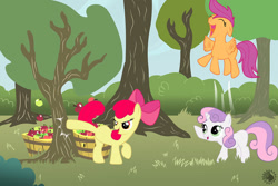Size: 1000x667 | Tagged: safe, artist:cheetagonzita, imported from derpibooru, apple bloom, scootaloo, sweetie belle, earth pony, pegasus, pony, unicorn, 2013, applebucking, cutie mark crusaders, female, filly, foal
