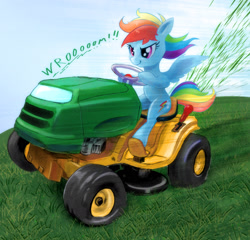 Size: 1950x1873 | Tagged: safe, artist:bananax, derpibooru exclusive, imported from derpibooru, rainbow dash, pegasus, pony, driving, female, grass, lawn mower, mare, solo